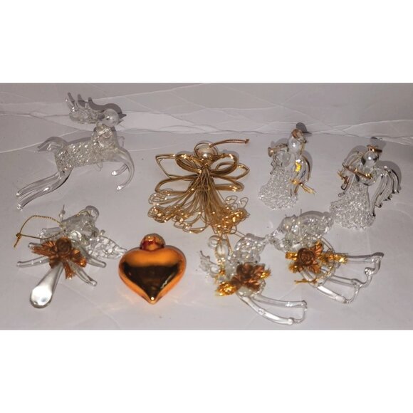 Set Of 8 Handcrafted Glass Christmas Ornaments - Reindeer Angels Heart & Gold Wi - Picture 1 of 12